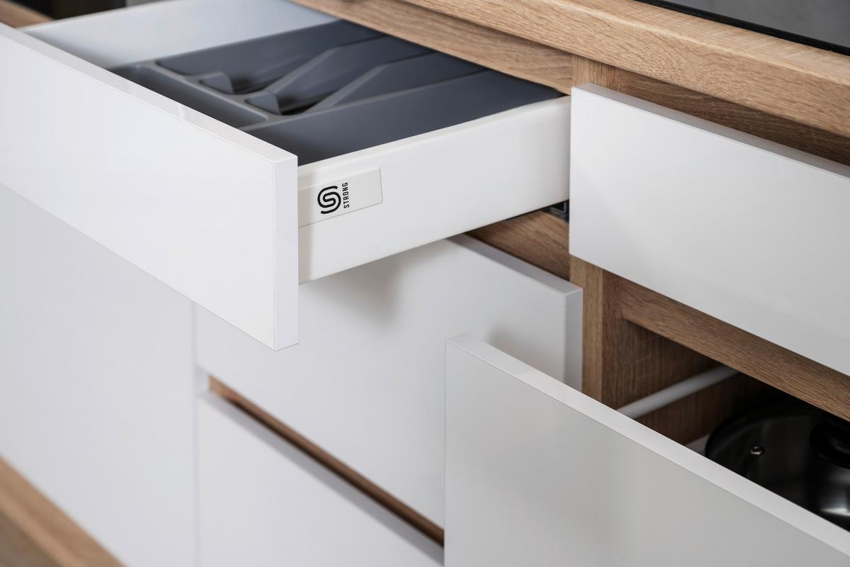 Küchenzeile Premium m. Geräte Weiß/Eiche Dekor B: ca. 330 cm - Eichefarben/Weiß Hochglanz, Basics, Holzwerkstoff (330cm) - Respekta