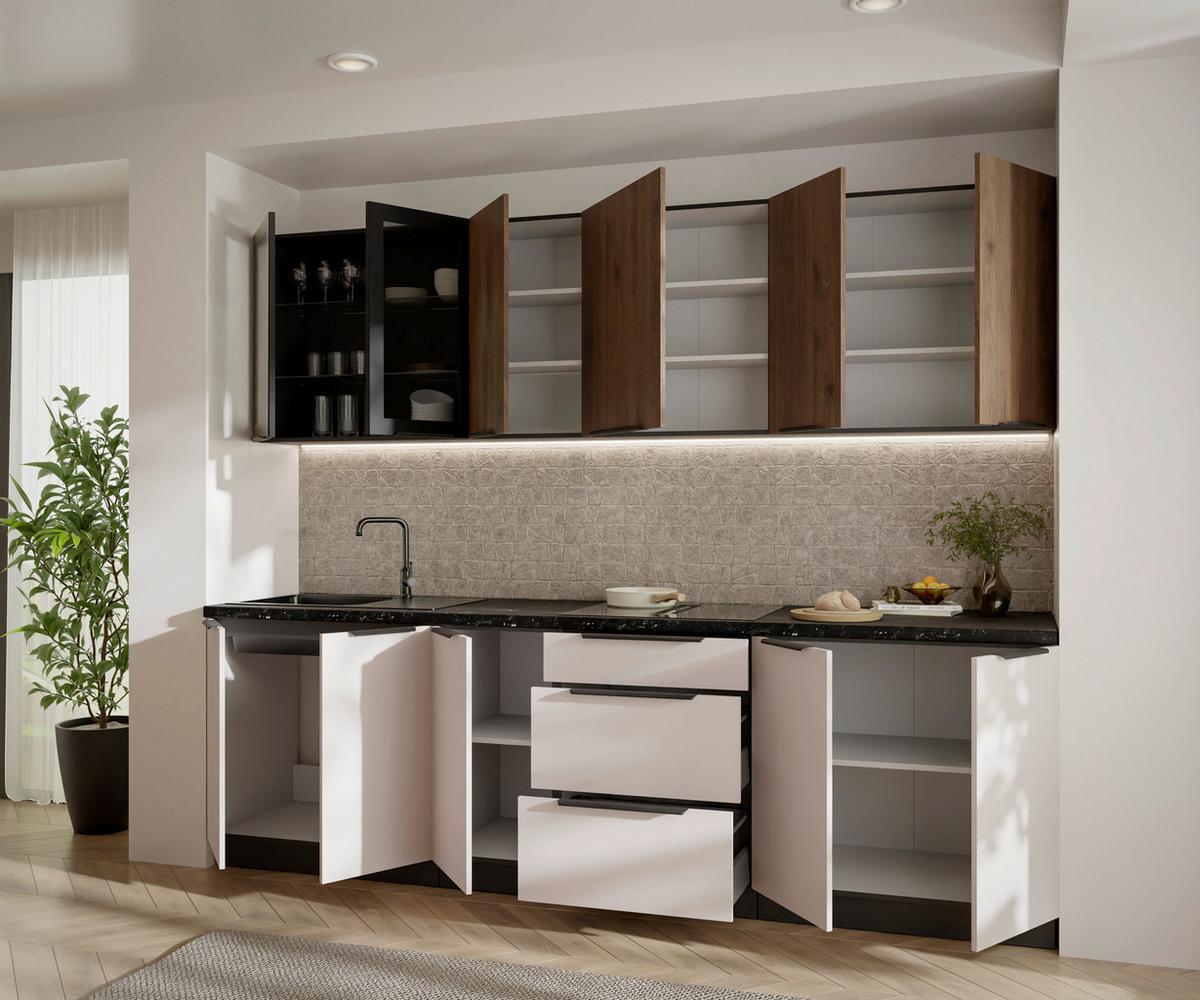 Blok Kuhinja Arona/monza - kašmir/boja orahovog drveta, Moderno, staklo/metal (260/210/60cm) - Modern Living