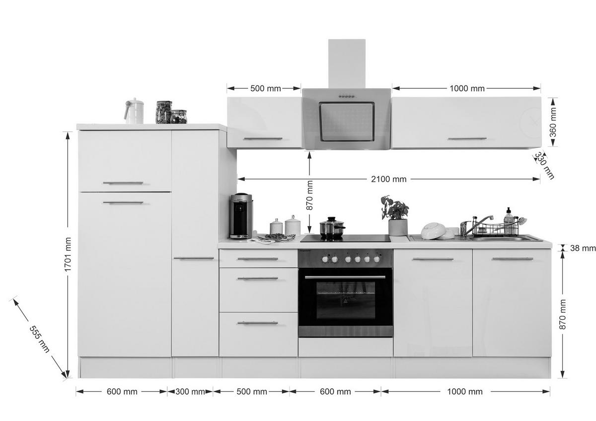 Küchenzeile mit Geräte Schwarz Hochglanz B: ca. 300 cm - Edelstahlfarben/Eichefarben, Basics, Holzwerkstoff/Metall (300cm) - Respekta