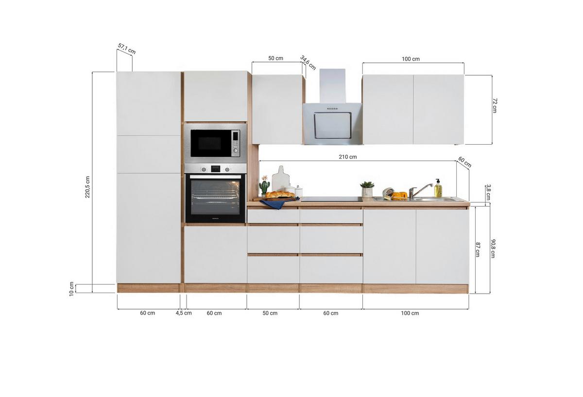Küchenblock Lorena mit Geräten ca. 335 cm Weiß - Eichefarben/Weiß, Basics, Holzwerkstoff (335cm) - Respekta