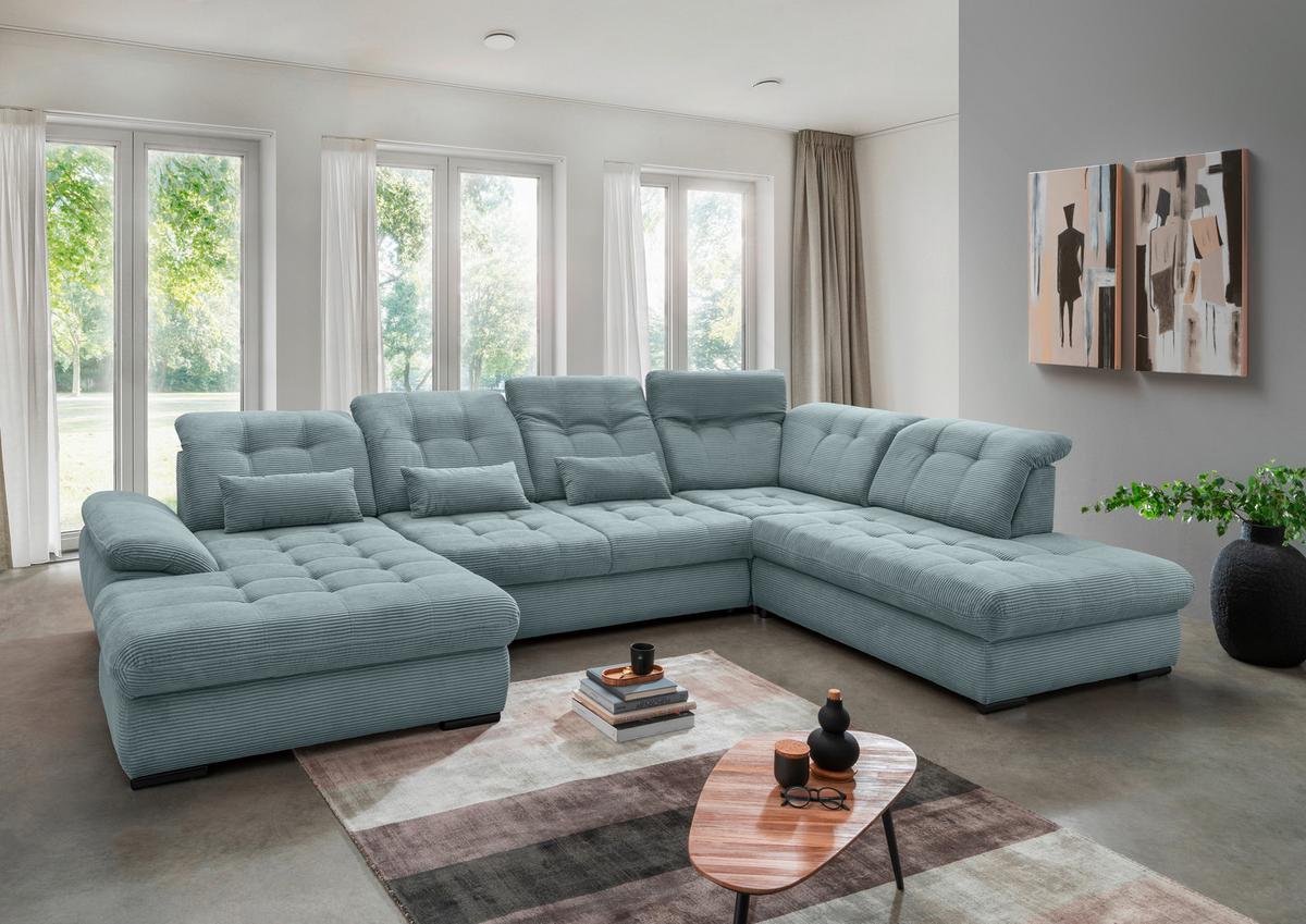 Wohnlandschaft Rigatti Hellblau Cord mit Bettkasten - Schwarz/Hellblau, MODERN, Textil/Metall (184/387/252cm) - Livetastic