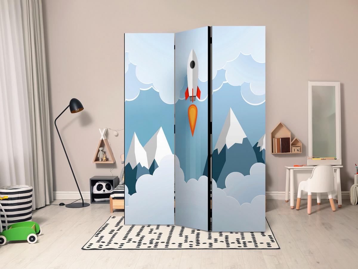 Paravan Rocket In The Clouds, 3-Delni, Dvostranski - svetlo modra/bela, Basics, tekstil/les (135/172/3cm) - artgeist