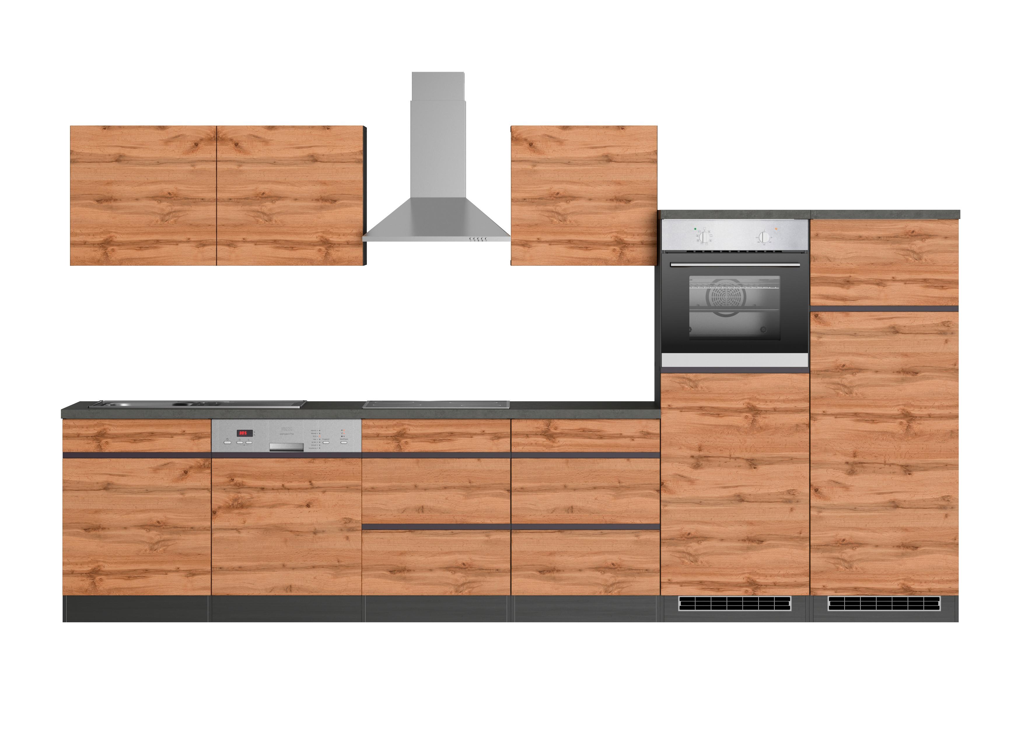 Küchenzeile Turin mit Geräten ca. 360 cm Graphit/Eiche - Eiche Wotan/Graphitfarben, Design, Holzwerkstoff (360cm) - Held