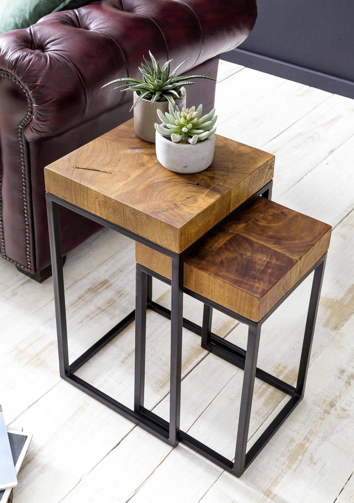Satztisch " WL5.660" , 2 - er Set , aus Sheesham - Sheeshamfarben/Schwarz, Design, Holz/Metall (30/30/60cm) - MID.YOU