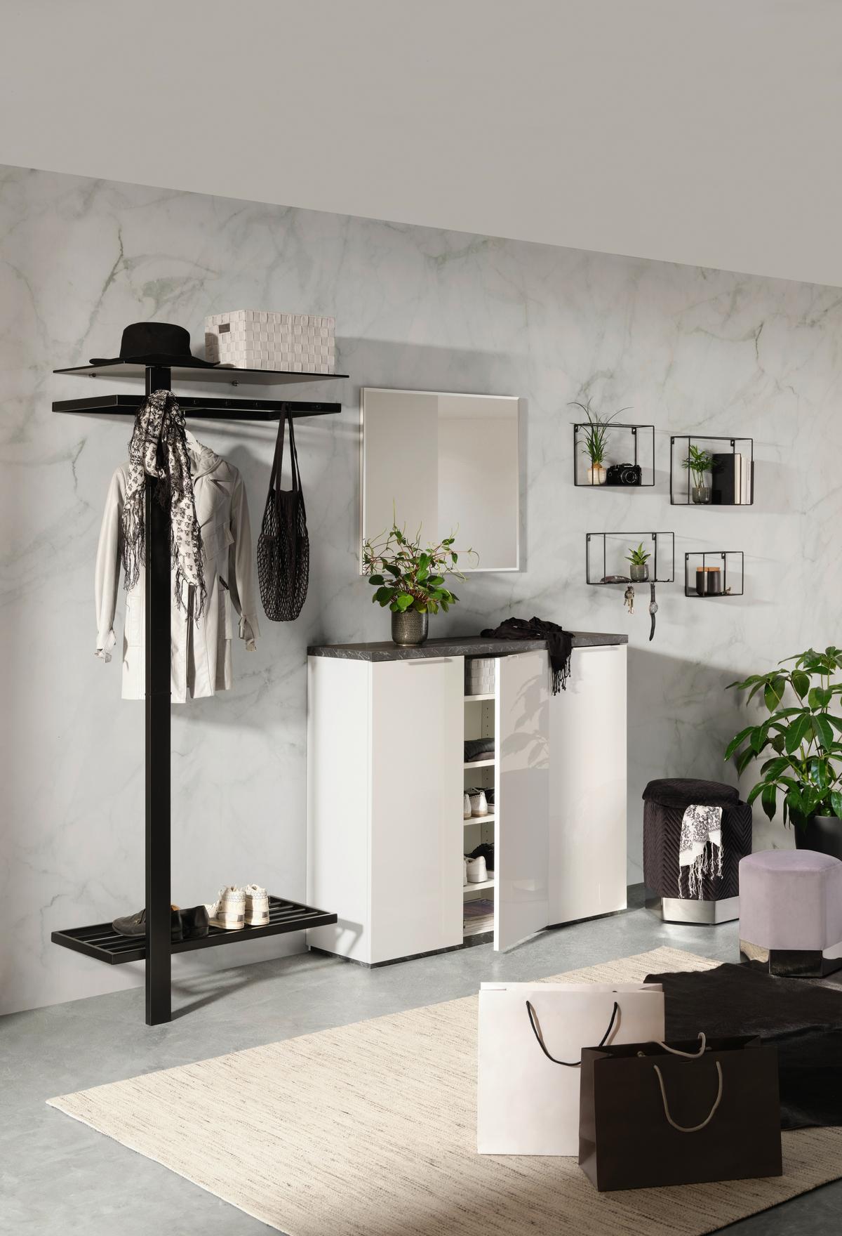 Cipősszekrény Mundi - fehér/szürke, Modern, faalapú anyag/fém (120/102/35cm) - Premium Living