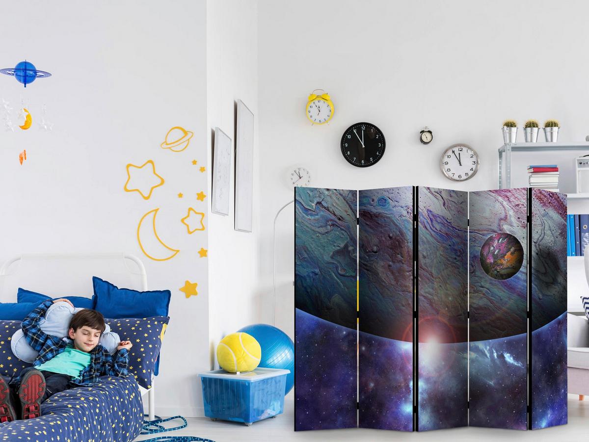 Paravan In Orbit I, 5-Delni, Dvostranski - lila/modra, Basics, tekstil/les (225/172/3cm) - artgeist