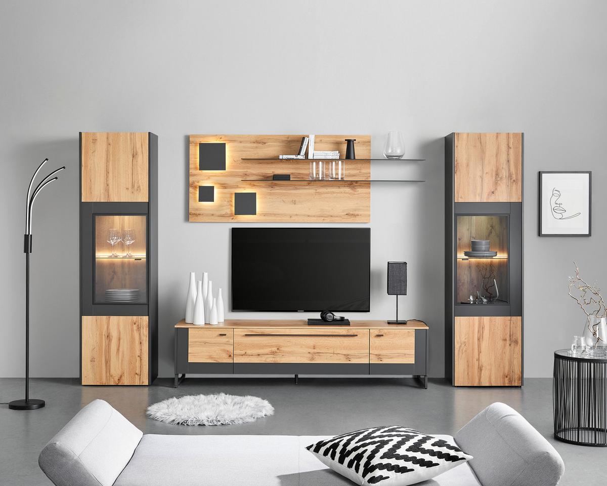 Vitrine Skagen in Eichefarben - Schieferfarben/Eichefarben, MODERN, Glas/Holzwerkstoff (56/196/40cm) - Premium Living