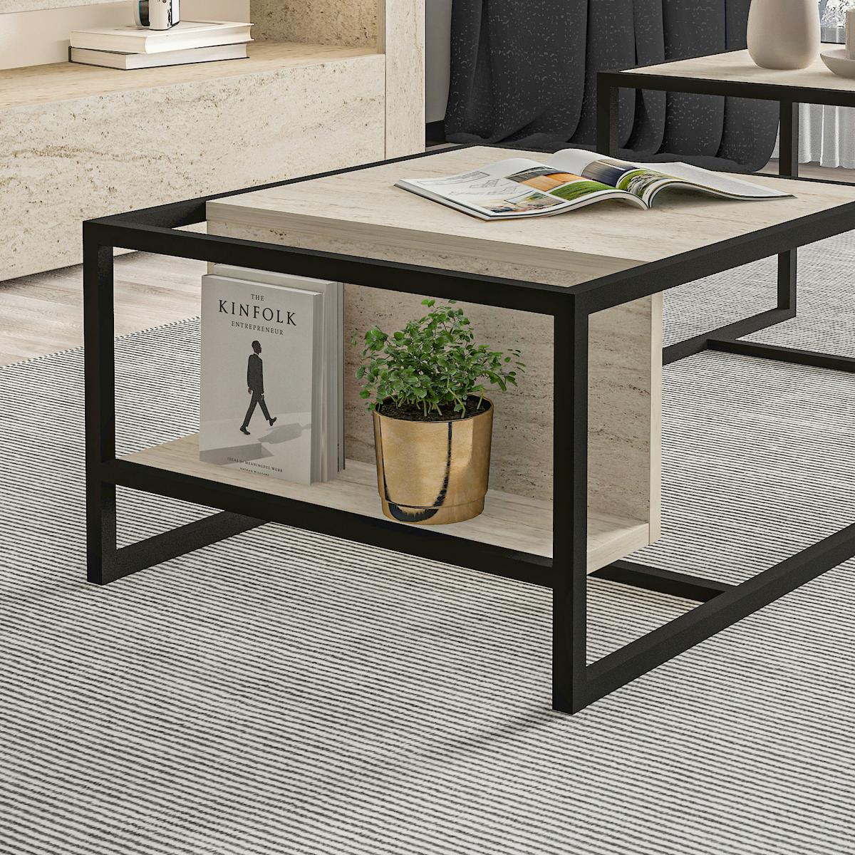 COUCHTISCHSET BATI COUCHTISCH - Beige/Schwarz, Design, Holzwerkstoff/Metall - Livetastic