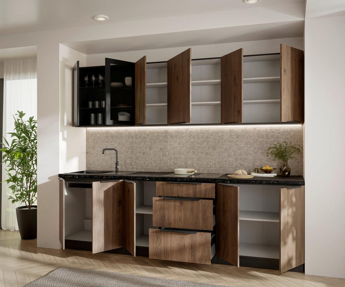 Blok Kuhinja Monza - boja orahovog drveta/crna, Moderno, staklo/metal (260/210/60cm) - Modern Living