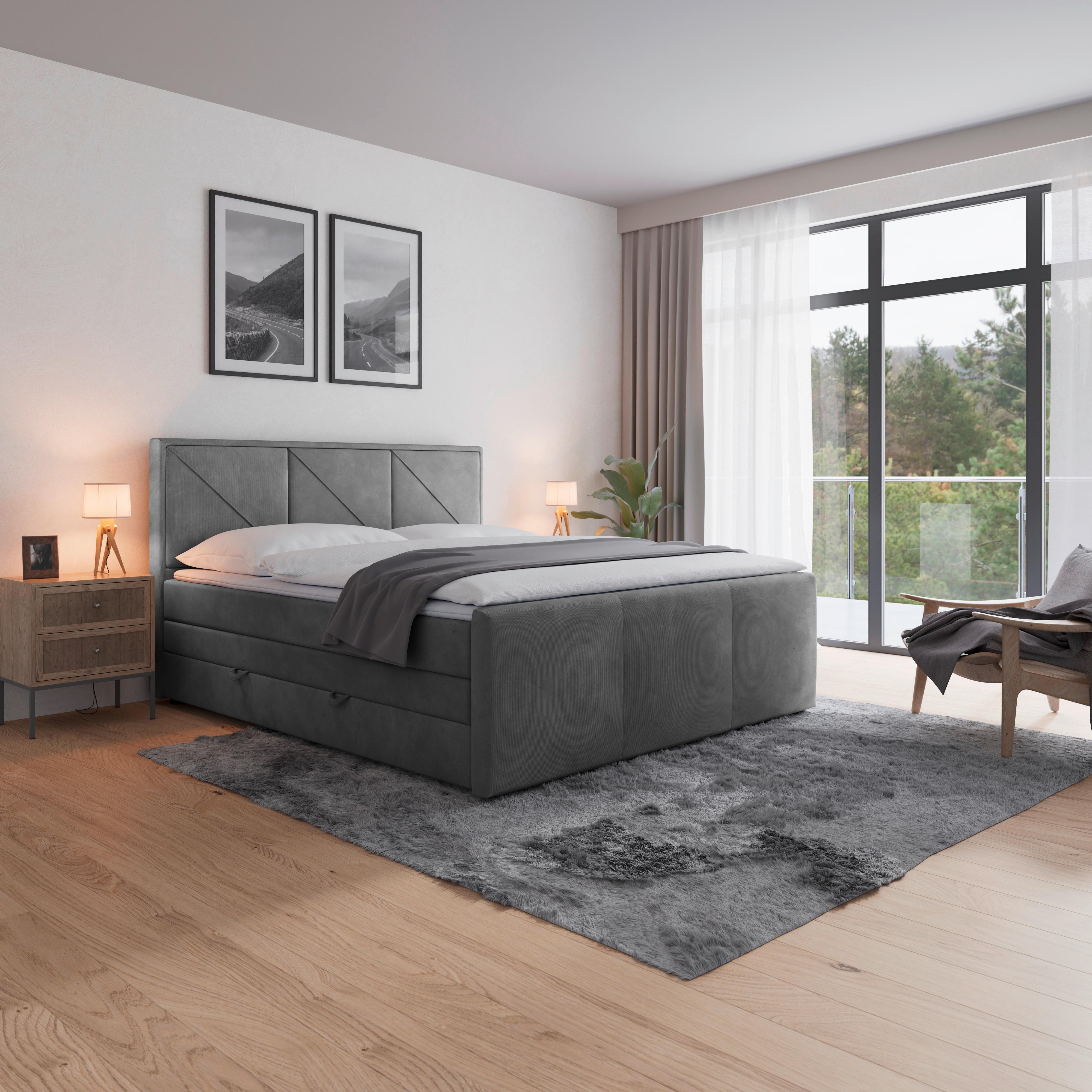 Boxspringbett Bologna ca. 180x200 cm Hellgrau - Hellgrau/Schwarz, MODERN, Holzwerkstoff/Kunststoff (180/200cm) - MID.YOU