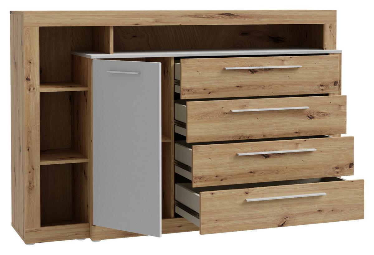 Široka Komoda Kasura, Barva Hrasta, Siva - siva/barve aluminija, Konvencionalno, umetna masa/leseni material (161/107/43cm) - Ti'me