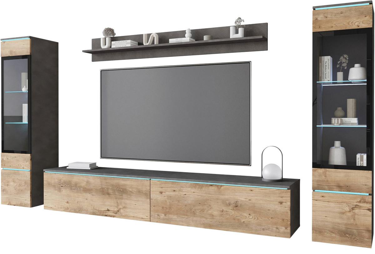 Dnevni Regal Vera I, Antracit, Barva Kostanja, Z Osvetlitvijo - siva/barva kostanjevega hrasta, Trend, umetna masa/steklo (240/130/33cm) - P & B