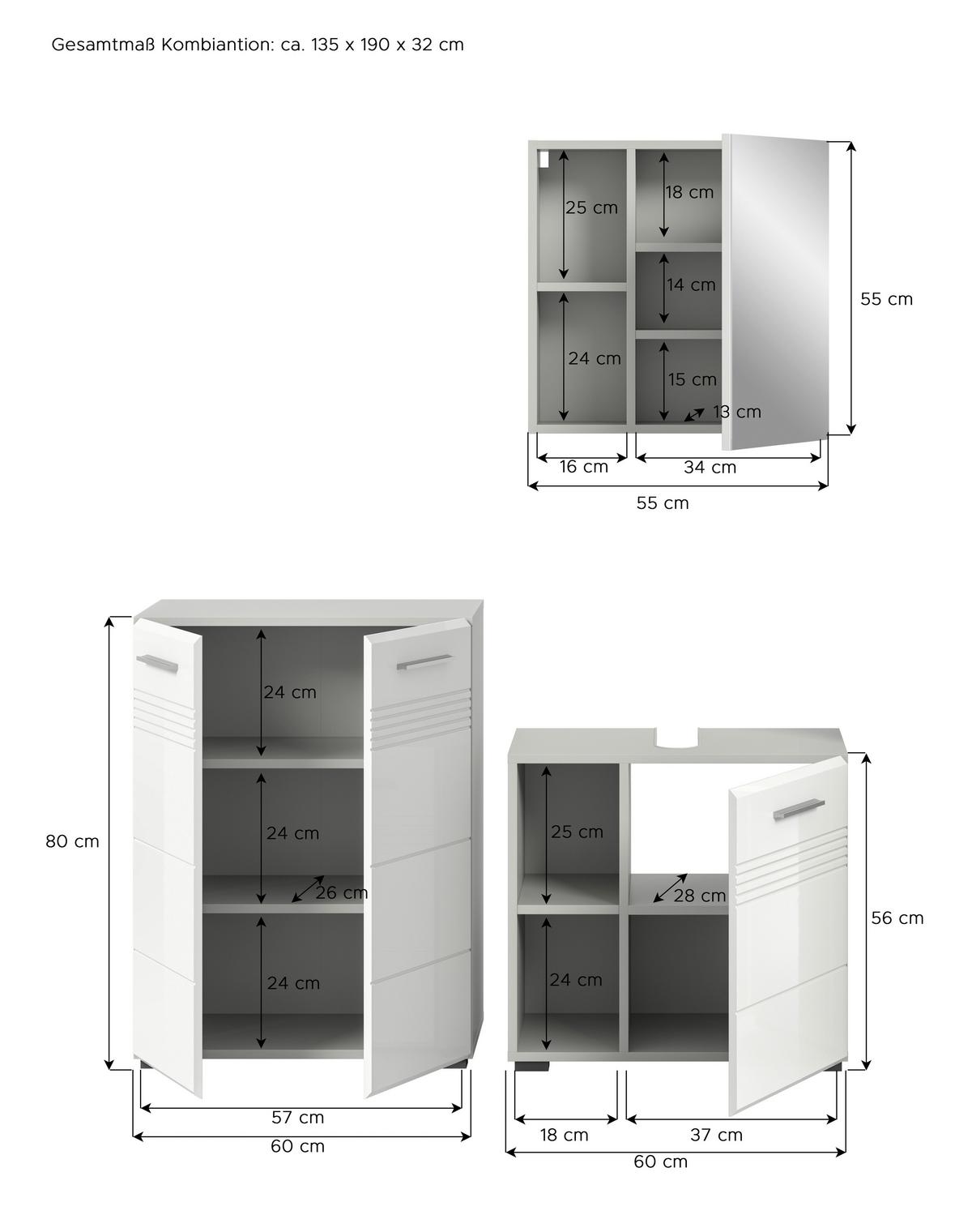 Badezimmer-Set COPA 3-teilig, Grau/Weiß Hochglanz - Chromfarben/Weiß Hochglanz, MODERN, Holzwerkstoff/Kunststoff (120cm) - MID.YOU