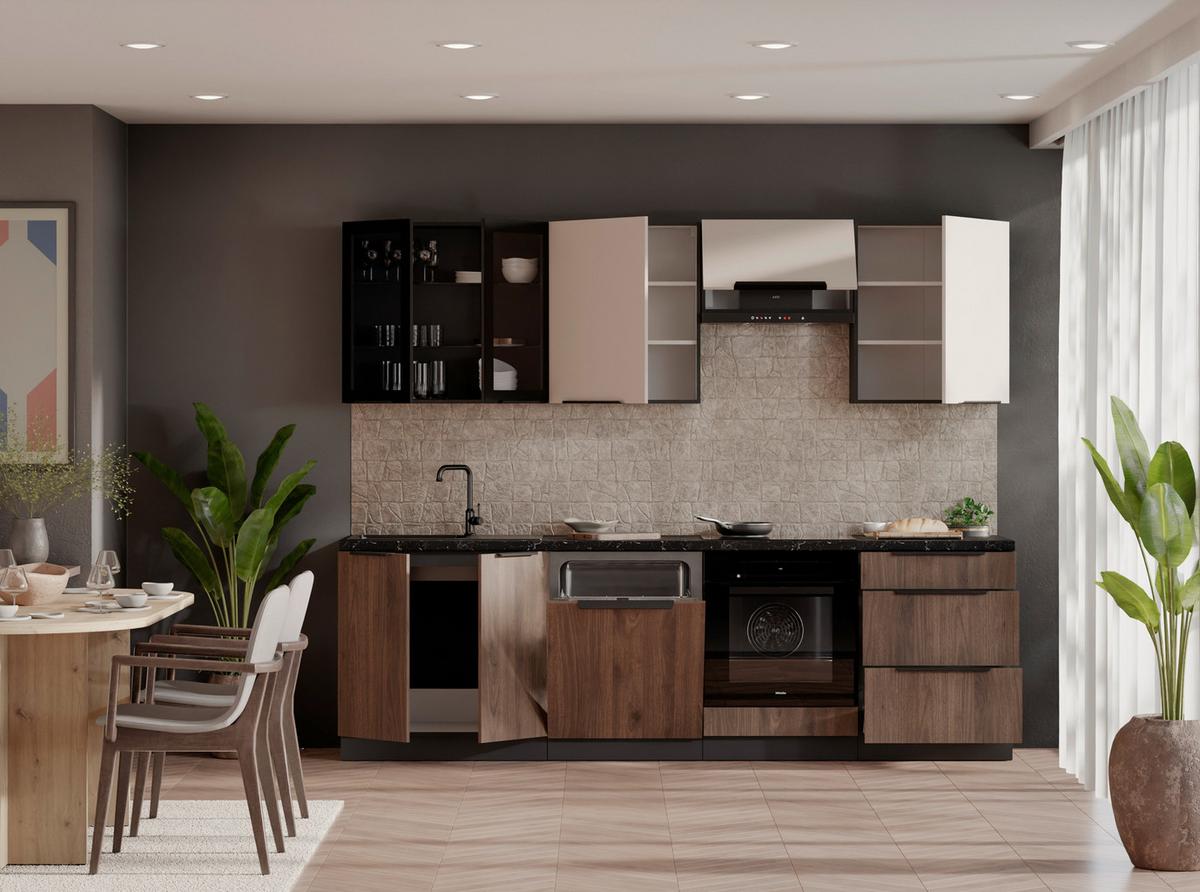 Blok Kuhinja Monza/arona - kašmir/boje oraha, Moderno, staklo/drvni materijal (260/210/60cm) - Modern Living