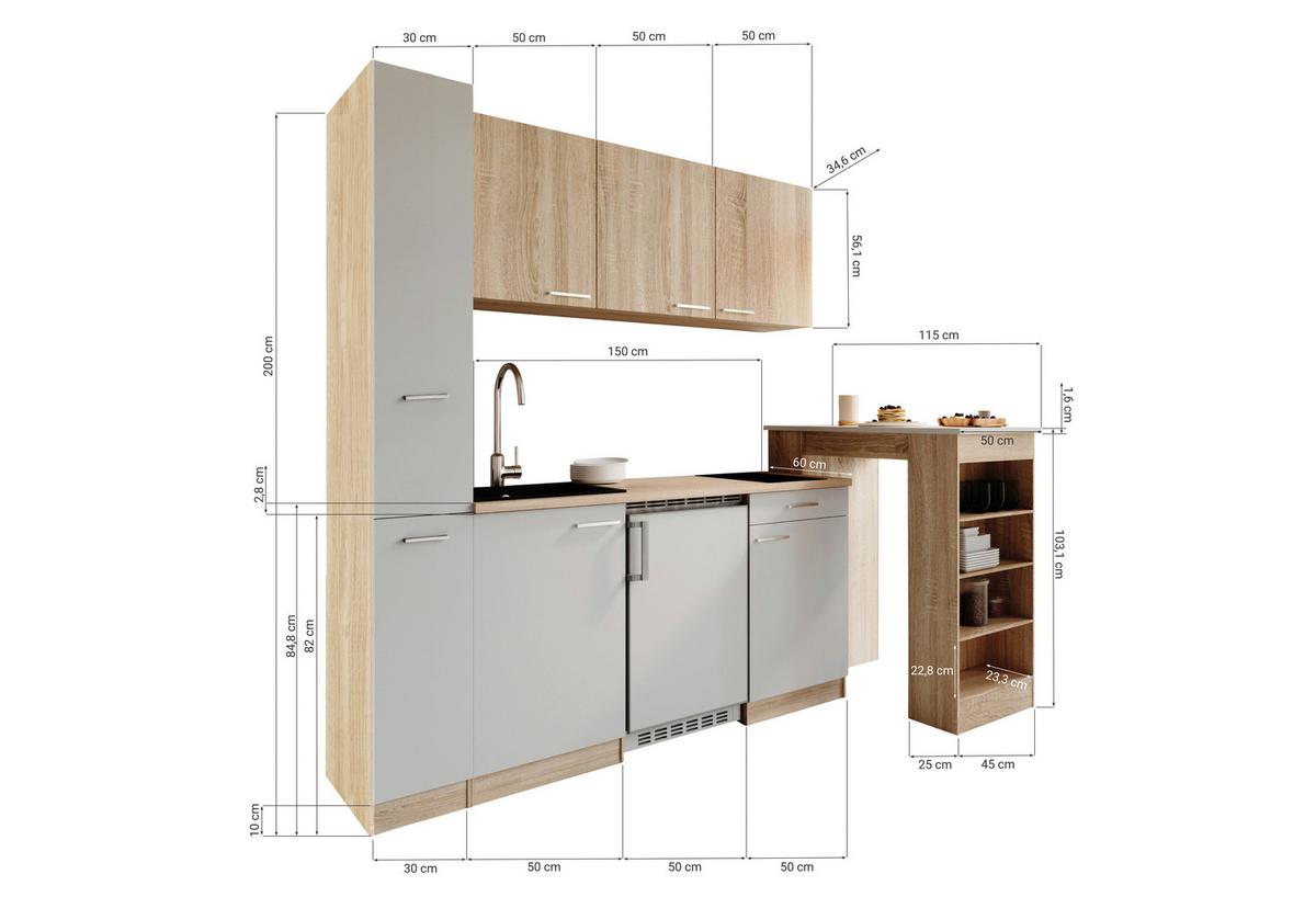 Küchenblock Ingrid m. Geräten Schwarz - Eichefarben/Schwarz, Design, Holzwerkstoff/Kunststoff (180cm) - Respekta