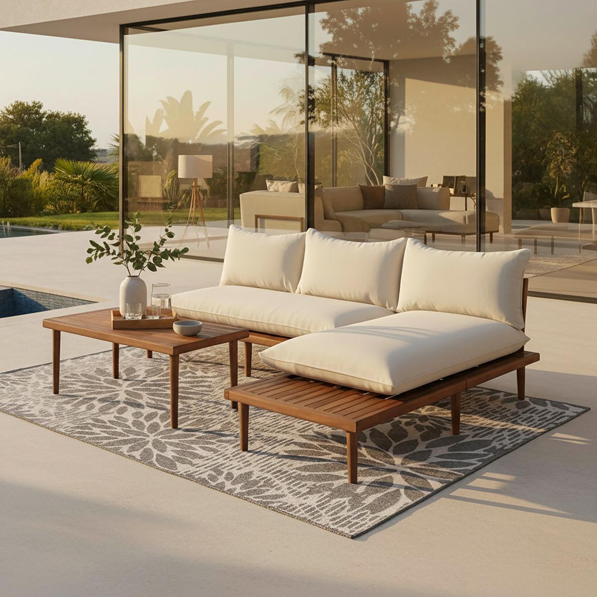 Loungegarnitur Dona Creme Outdoorstoff/Metall - Eichefarben/Creme, MODERN, Holz/Textil (213/68/71cm) - Bessagi Garden