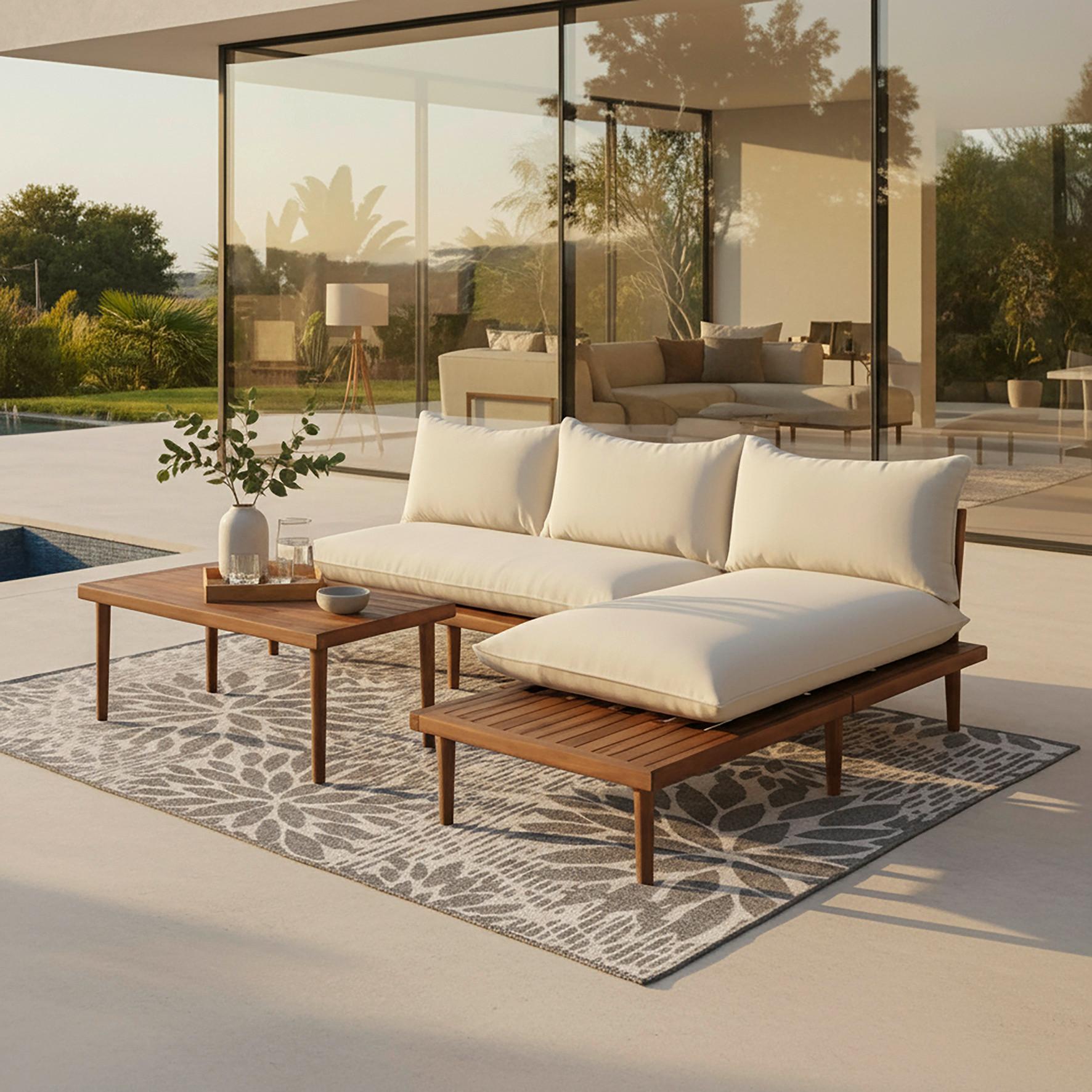 LOUNGEGRUPP DONA - teakfärg/ekfärgad, Modern, trä/textil (213/68/71cm) - Bessagi Garden