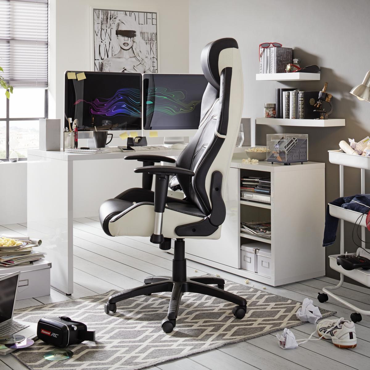 Gamingstuhl im Lederlook - Weiss/Schwarz, Modern, Kunststoff/Textil (67/126-134/72cm) - Premium Living