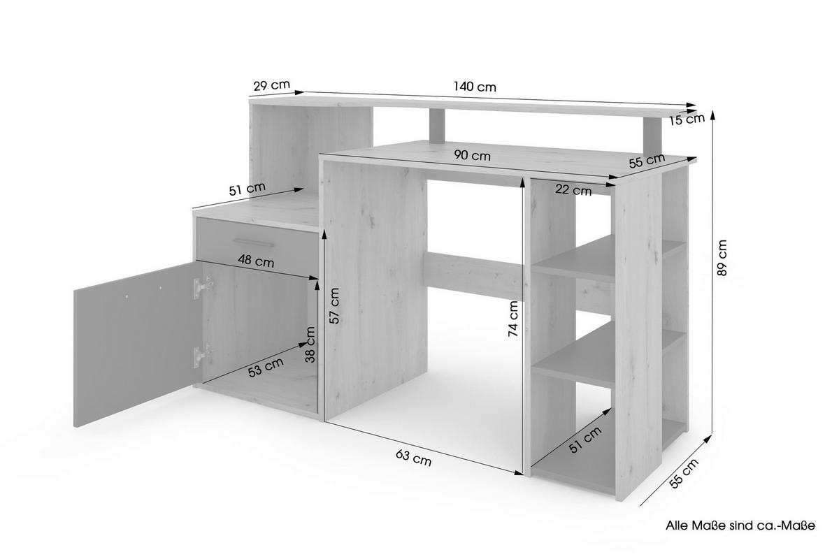 SCHREIBTISCH LOUIS - Anthrazit/Schwarz, MODERN, Holzwerkstoff/Kunststoff (140/55/89cm) - MID.YOU
