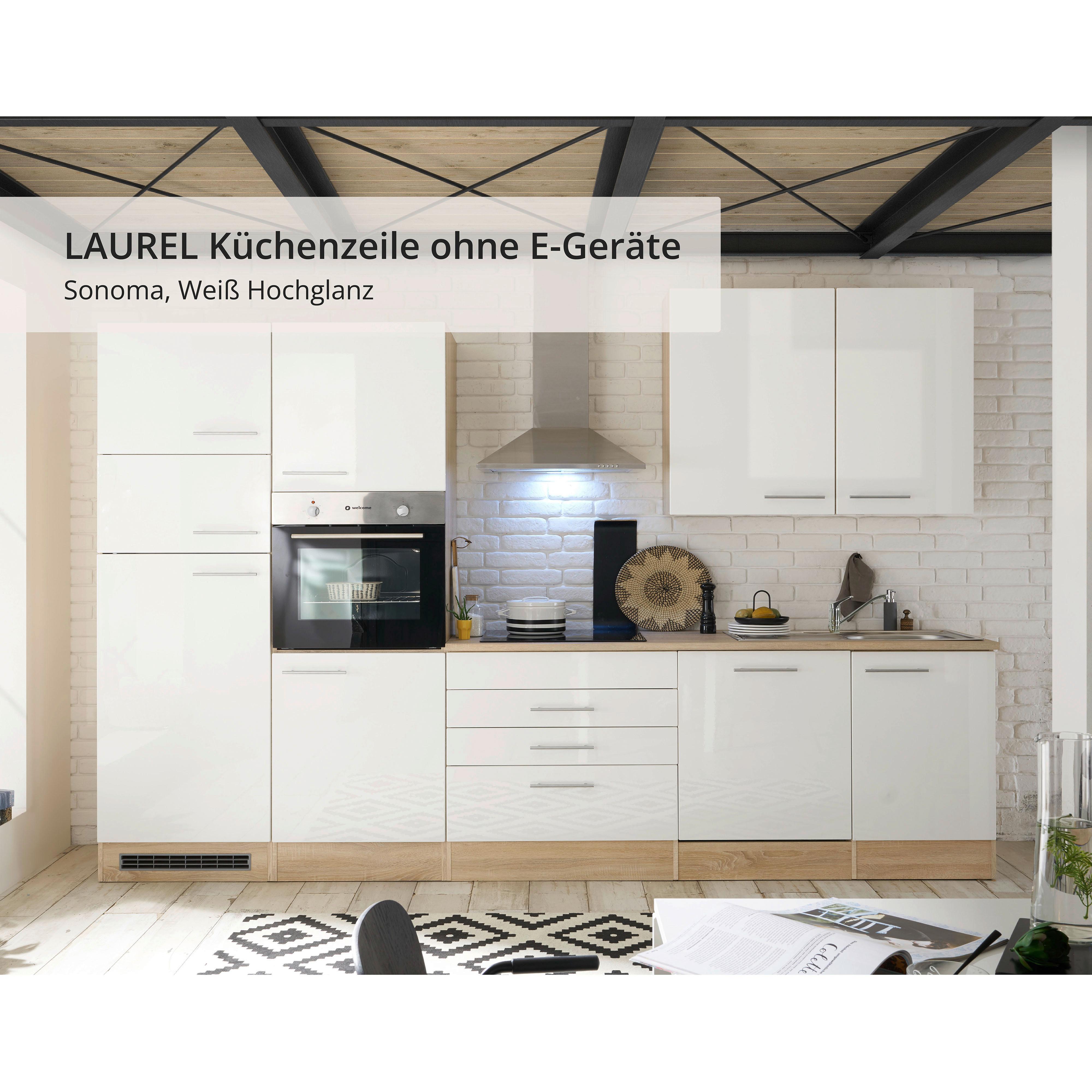Moderen Kuhinjski Blok Brez Aparatov Laurel, Bela, Hrast - bela/hrast sonoma, Moderno, leseni material (310cm) - MID.YOU