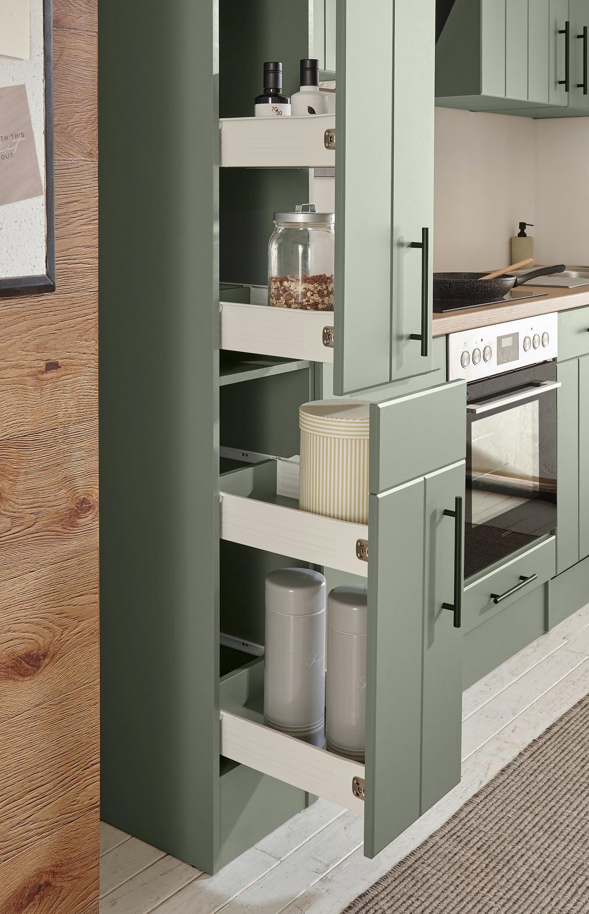 Eckküche Anton m. Geräte ca. 310x172cm Eiche/Schilfgrün - Schilfgrün/Wildeiche, Trend, Holzwerkstoff/Metall (310/172cm) - Respekta