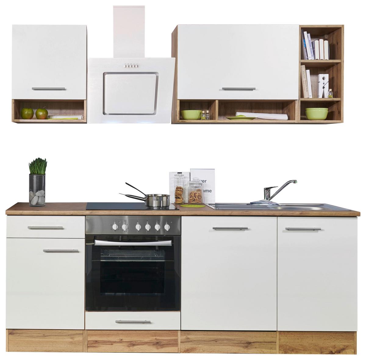 Küchenzeile Economy o. Geräte Weiß/Wildeiche  B: ca. 220 cm - Wildeiche/Silberfarben, Basics, Holzwerkstoff/Metall (220/205/60cm) - Respekta