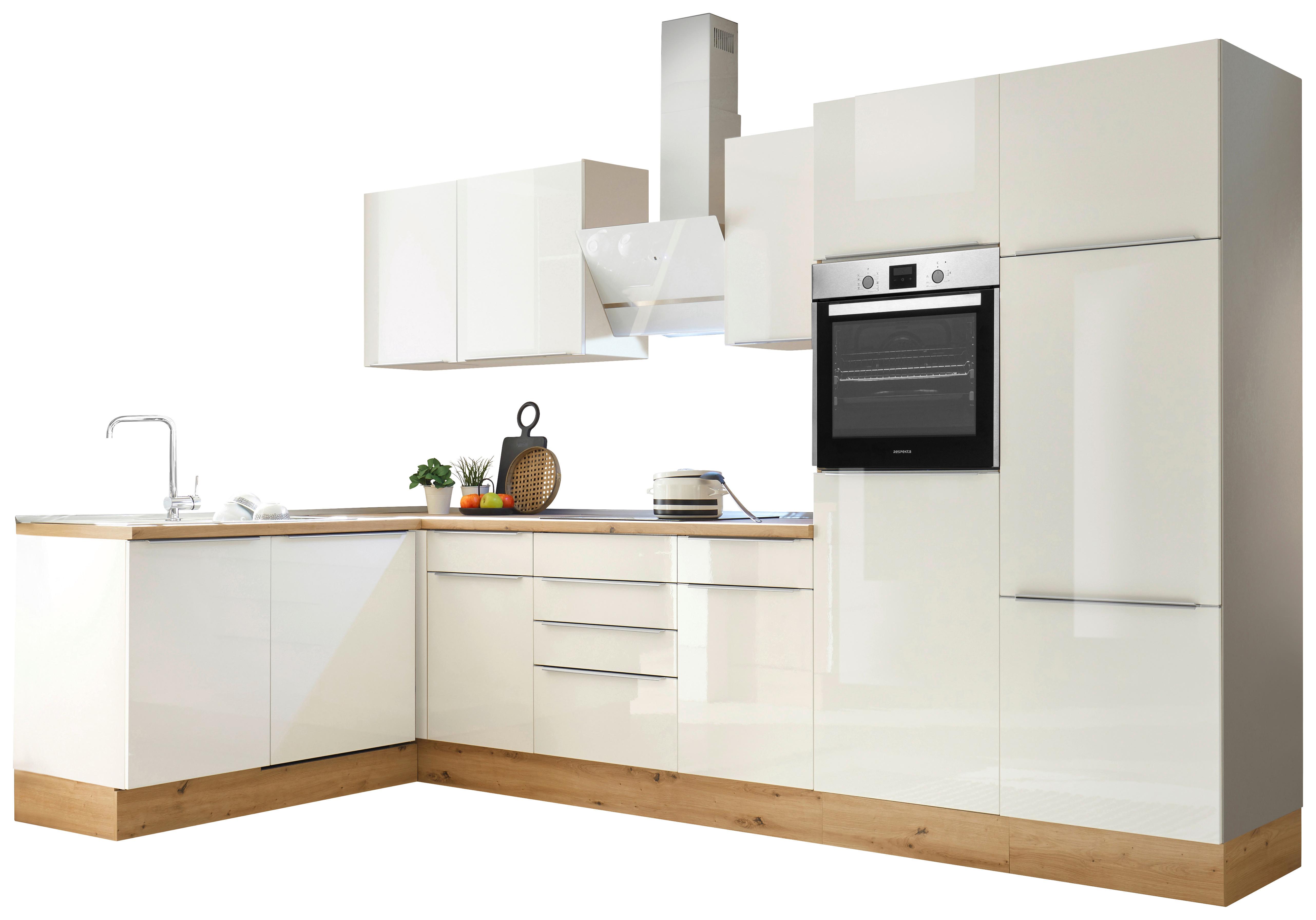 Eckküche Marleen mit Geräten Weiß Hochglanz ca. 340x170cm - Weiß Hochglanz/Alufarben, LIFESTYLE, Holzwerkstoff/Kunststoff (170/340cm) - Respekta
