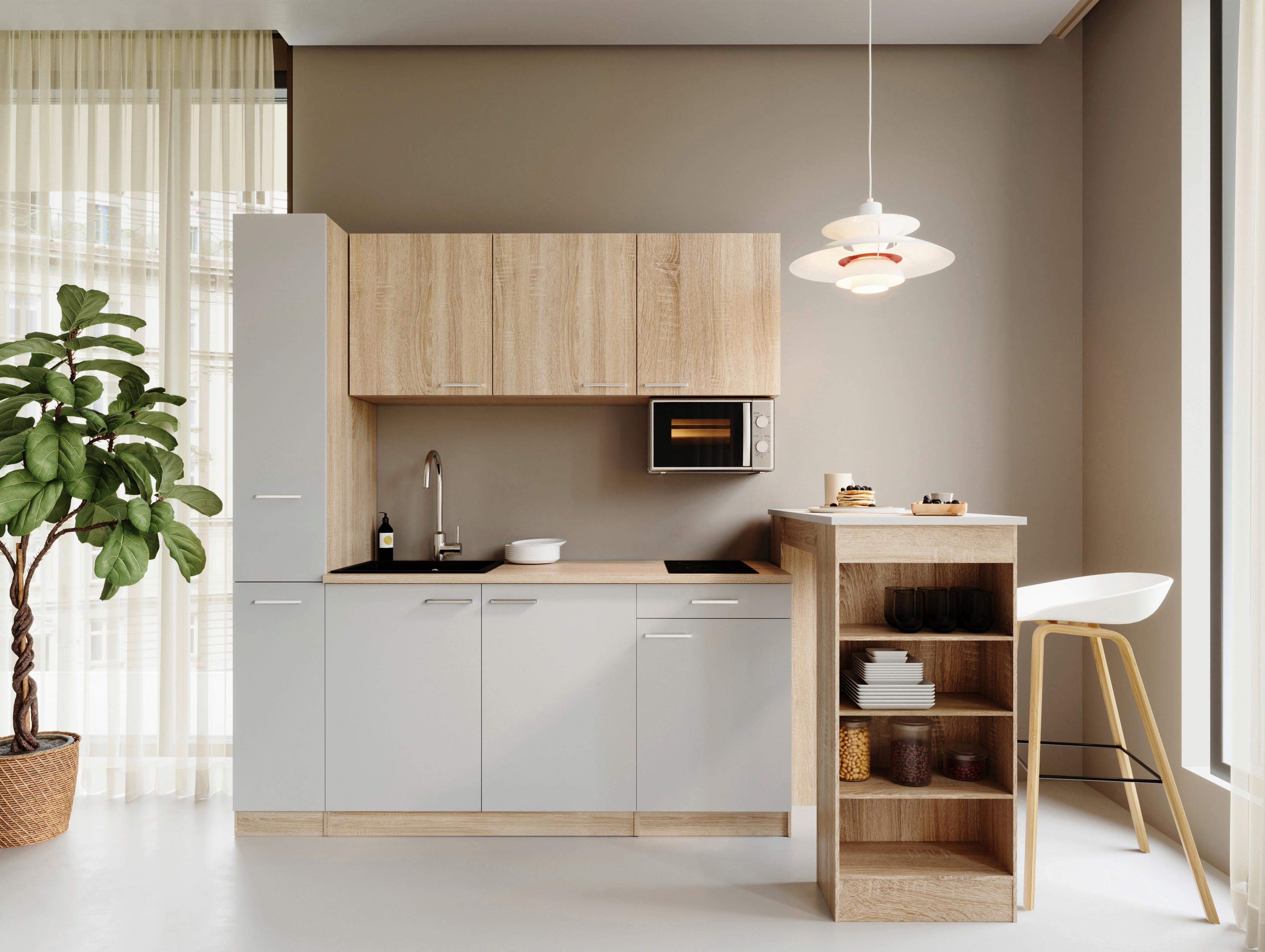 Küchenblock Ingrid m. Geräten Weiß - Eichefarben/Alufarben, Design, Holzwerkstoff/Kunststoff (180cm) - Respekta