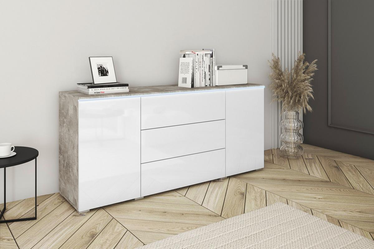 Sideboard Vera mit LED ca. 150 cm Weiß Hochgl./Grau - Weiß Hochglanz/Grau, LIFESTYLE, Holzwerkstoff/Kunststoff (150/67,9/39,5cm) - P & B