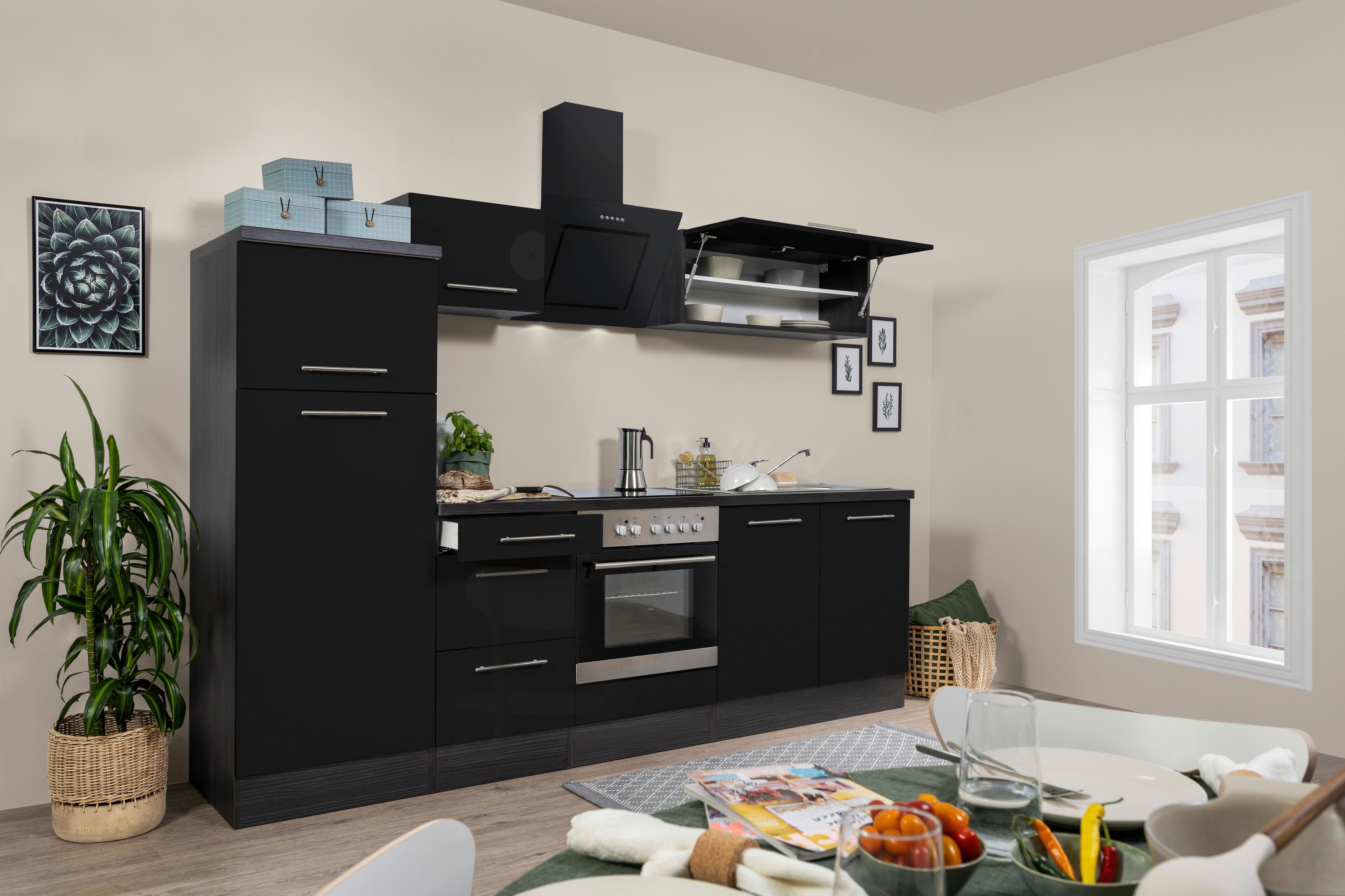 Küchenzeile mit Geräte Schwarz Hochglanz B: ca. 270 cm - Schwarz/Alufarben, KONVENTIONELL, Holzwerkstoff/Metall (270cm) - Respekta
