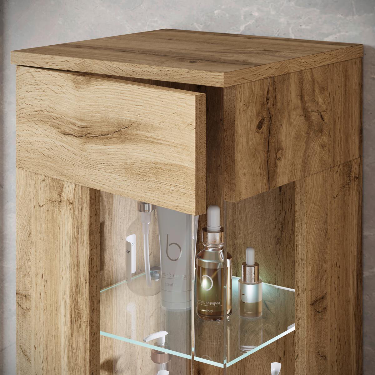 Badezimmer-Set Narobi 5-tlg. mit LED ca. 120 cm Eiche Wotan - Eiche Wotan/Weiß, Trend, Glas/Keramik (120,4cm) - P & B