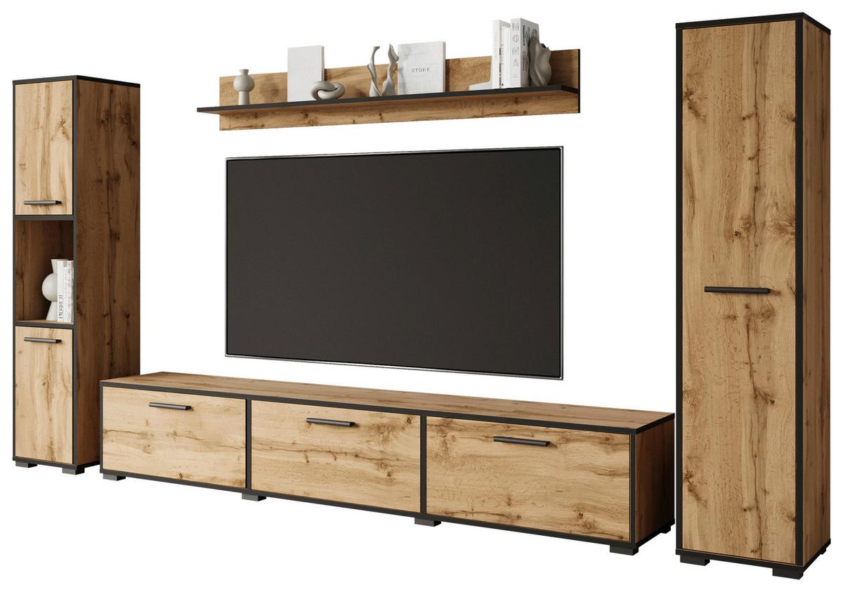 WOHNWAND BOGOTA XL WOTAN EICHE DEKOR - Eiche Wotan/Schwarz, Basics, Holzwerkstoff/Kunststoff (240/130/31cm) - MID.YOU