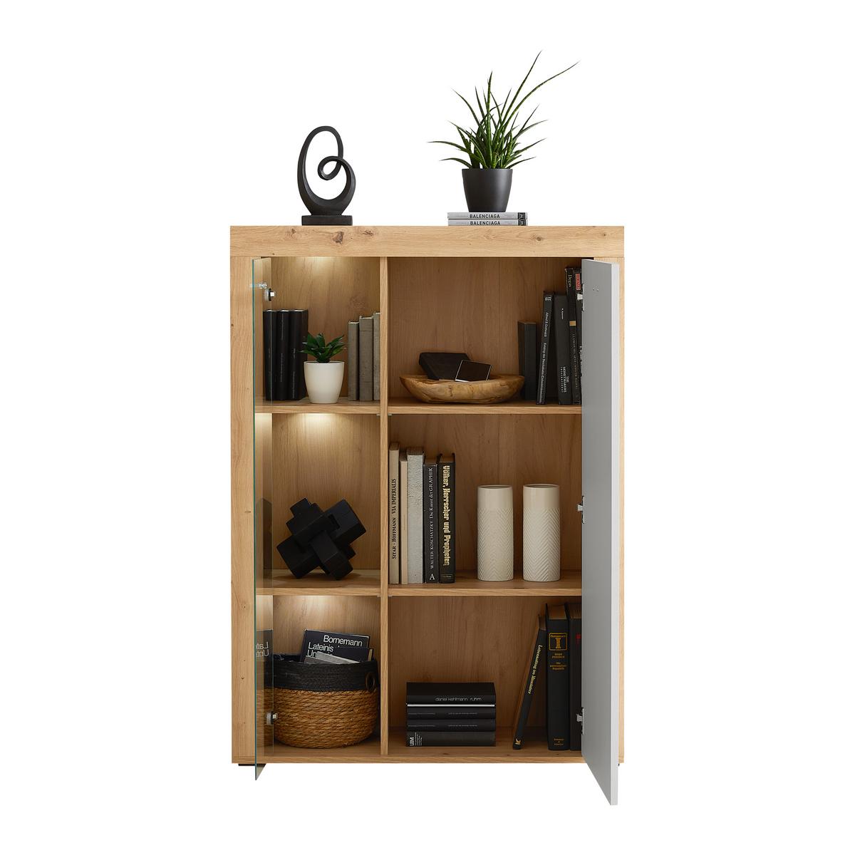 Comodă înaltă CANBERRA - Modern, sticlă/material pe bază de lemn (90/123,1/34,8cm) - Modern Living