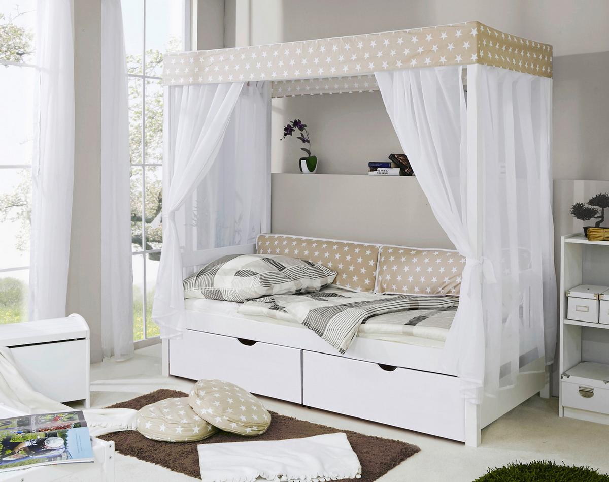 Postelja Z Baldahinom Lino, 90x200, Bela, Bež, 2 Predala - bela/bež, Moderno, les (90/200cm) - MID.YOU