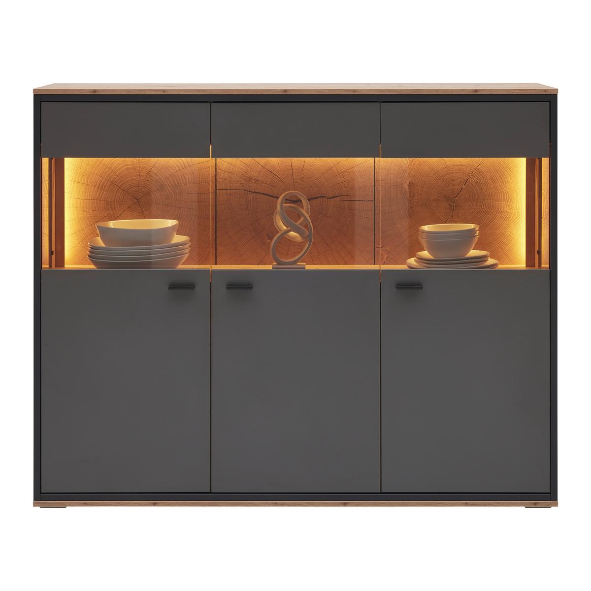 Highboard Florenz Grau/Eiche Artisan - Schwarz/Eiche Artisan, Modern, Glas/Holzwerkstoff (150,2/121,5/38cm) - Premium Living