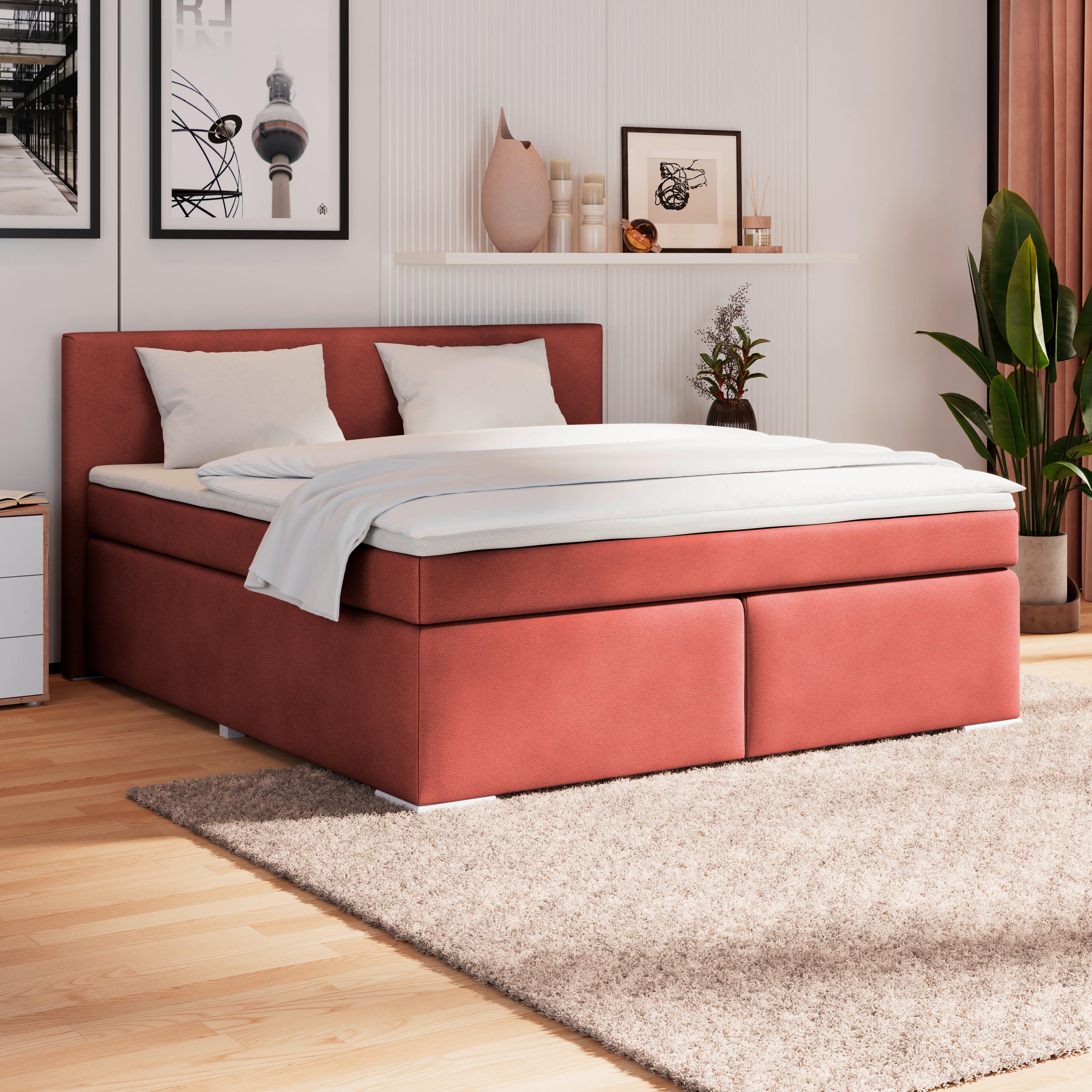 Boxspring Krevet Mira 1 - tamno crvena, Basics, metal/tekstil (180/200cm)