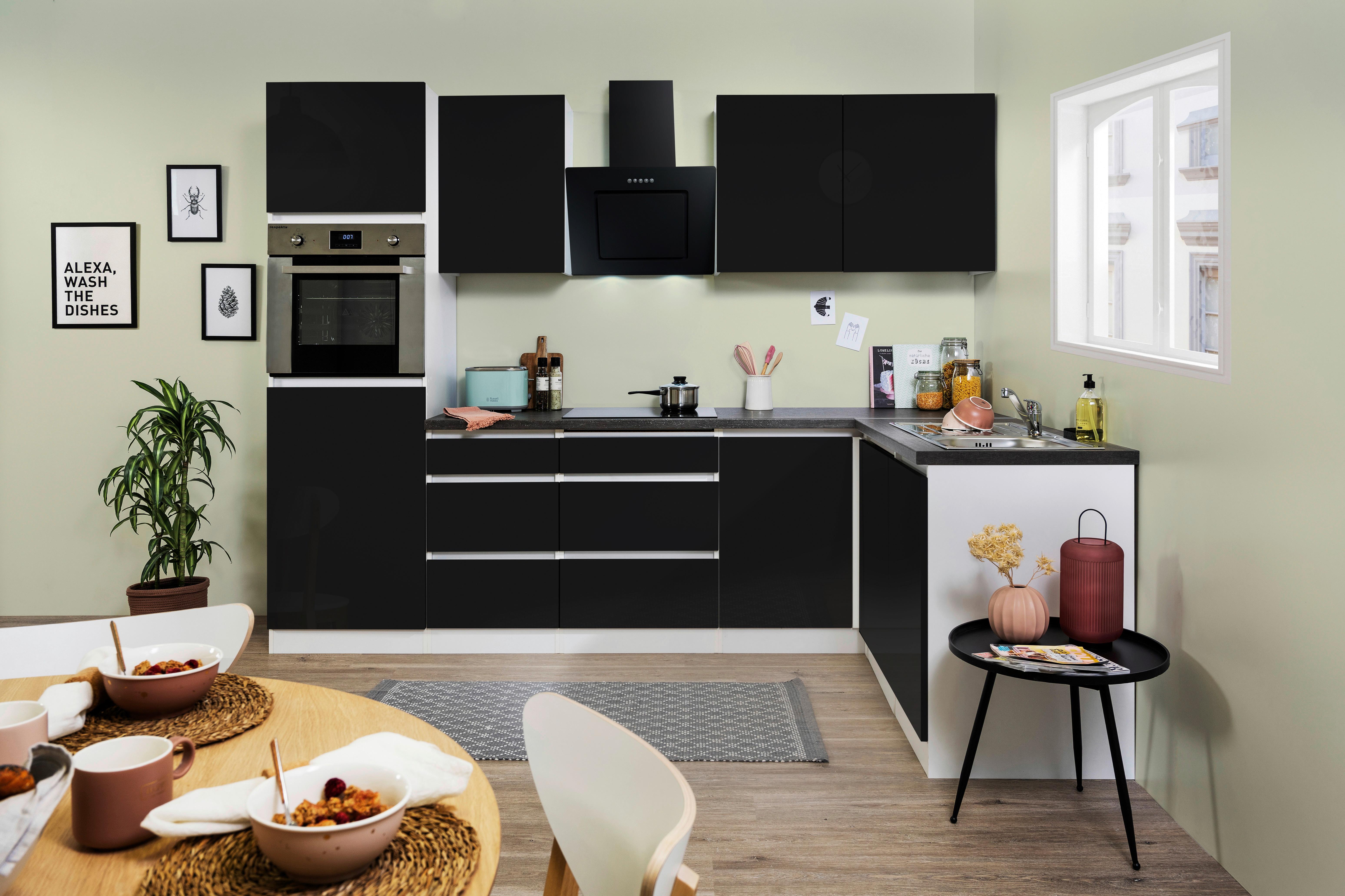 Eckküche Premium Schwarz Hochglanz ca. 280x172 cm - Schwarz Hochglanz/Schwarz, MODERN, Holzwerkstoff (280/172cm) - Respekta