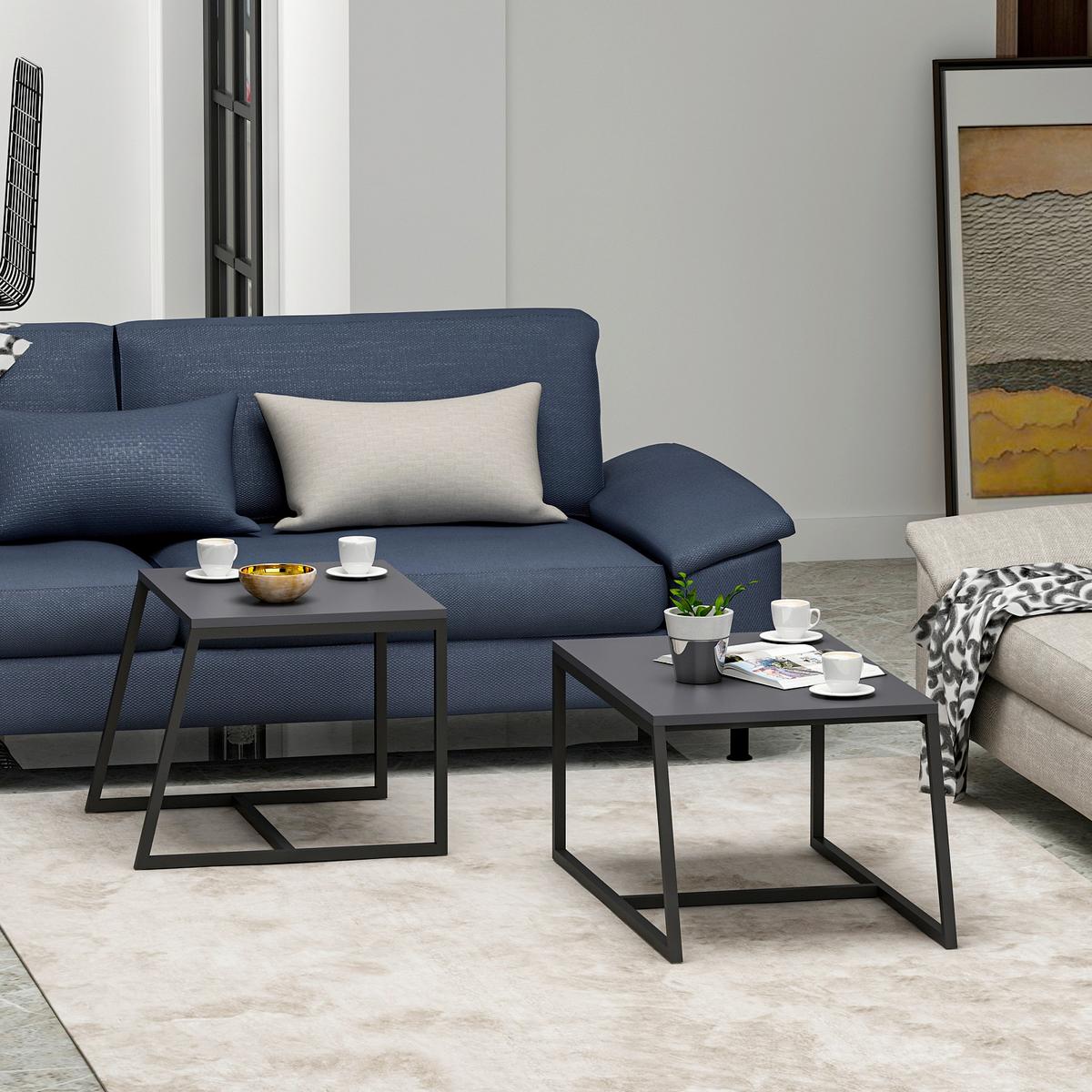 Couchtischset Minimal Couchtisch - Anthrazit/Schwarz, Design, Holzwerkstoff/Metall (75-55/38-45/50-47cm) - Livetastic