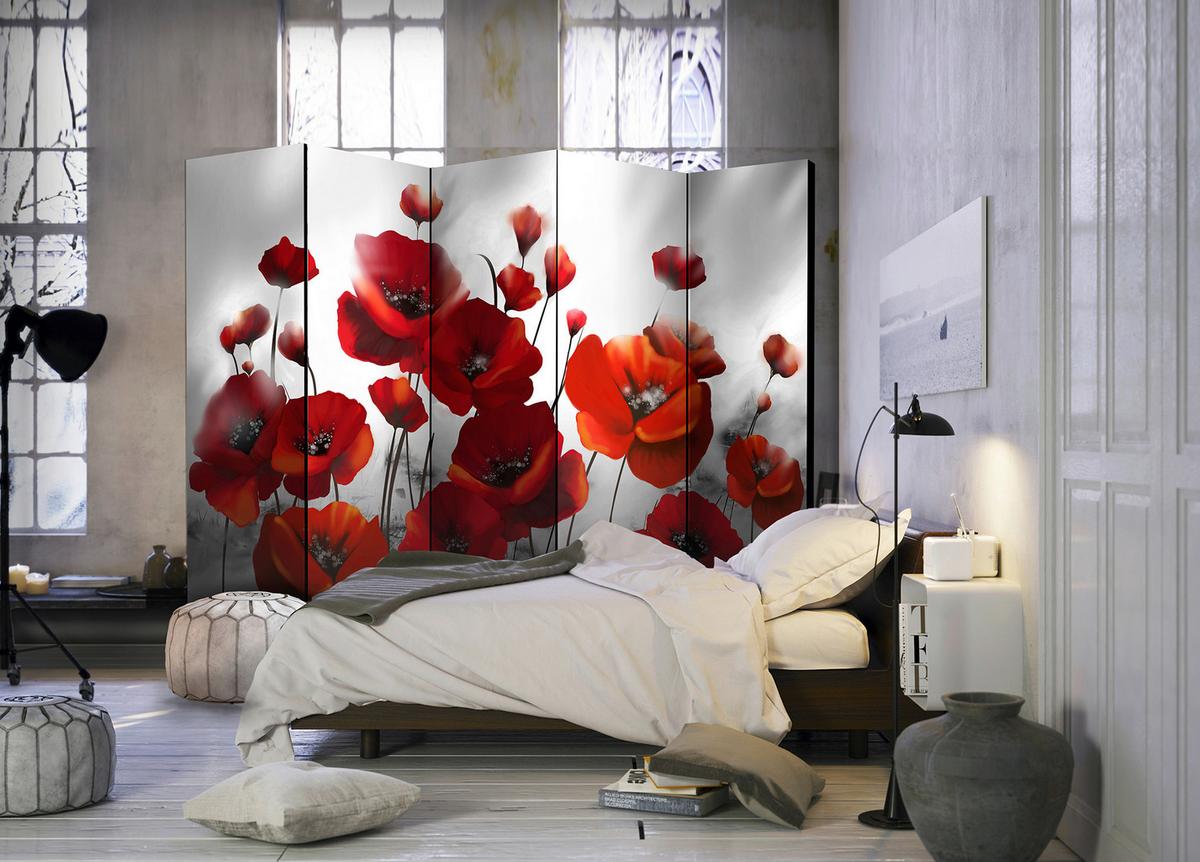 Paravan Poppies I, 5-Delni, Dvostranski - rdeča/svetlo siva, Basics, tekstil/les (225/172/3cm) - artgeist