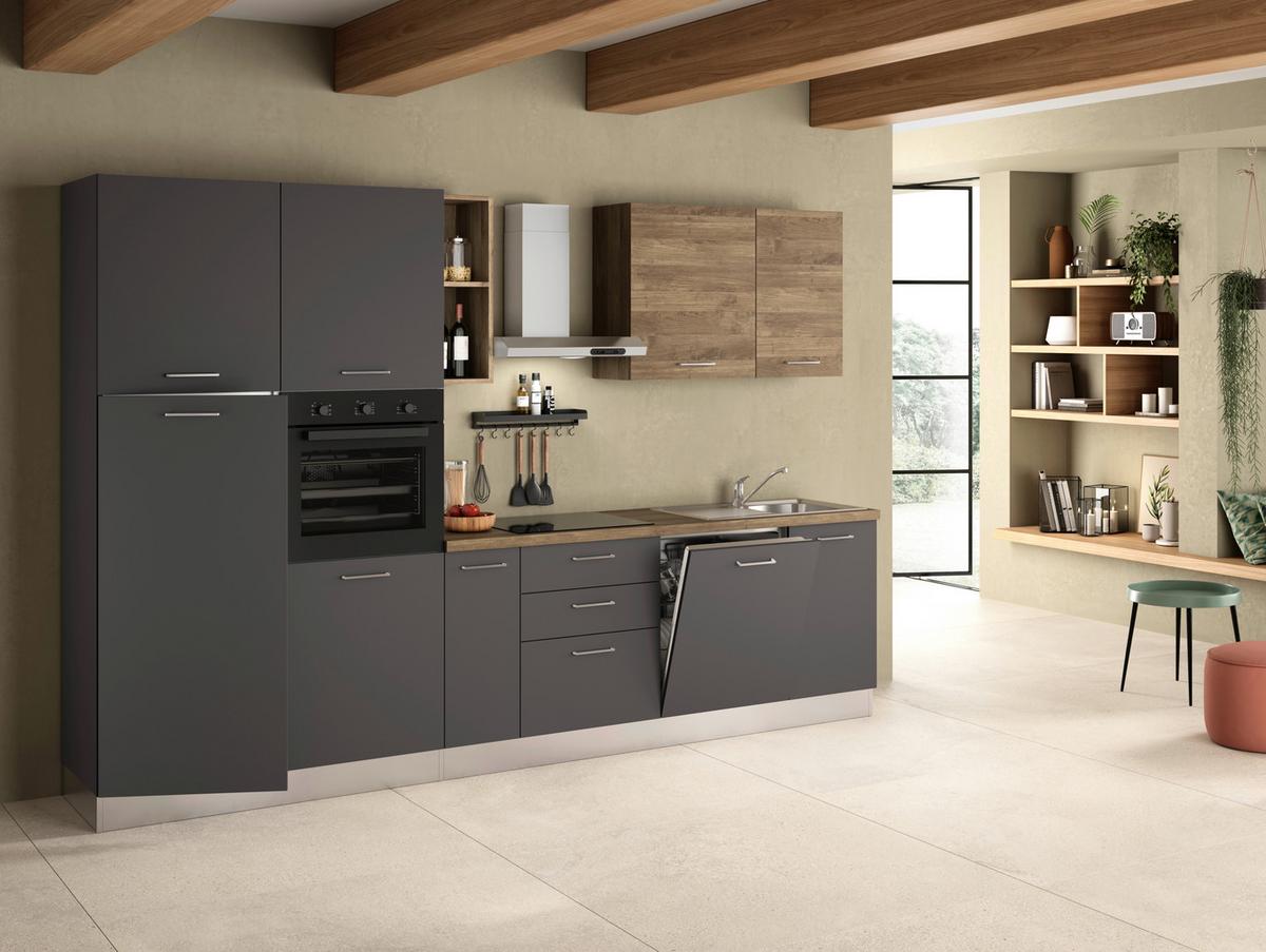 Küchenblock Freia 315 m. Geräten Grau/Walnussfarben - Walnussfarben/Alufarben, LIFESTYLE, Holzwerkstoff/Kunststoff (315cm) - MID.YOU