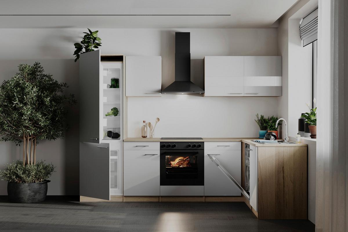 Eckküche Merle m. Geräten ca. 280x172cm Weiß - Edelstahlfarben/Eichefarben, Basics, Holzwerkstoff/Metall (280/172cm) - Respekta