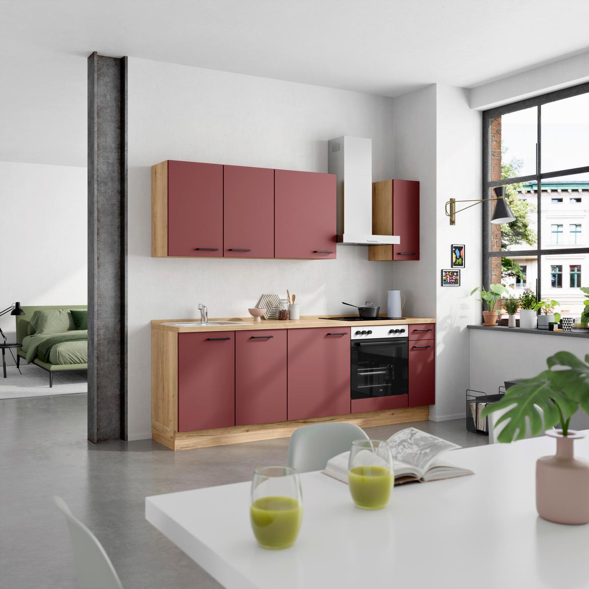 Küchenblock Easytouch Low m. Geräten Dunkelrot - Eichefarben/Schwarz, MODERN, Holzwerkstoff/Metall (240cm) - Nobilia