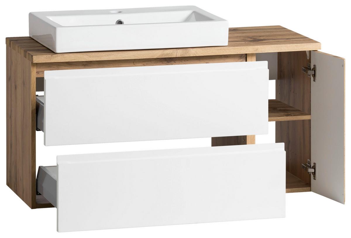 Waschtischkombi ''Varese'', Weiß/Eiche Wotan - Eiche Wotan/Weiß, MODERN, Keramik/Holzwerkstoff (105cm) - Held