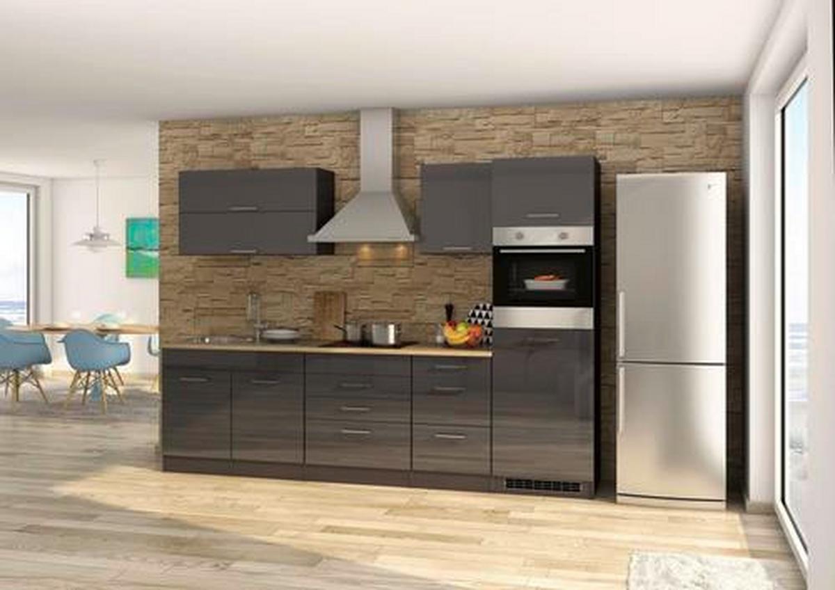 Küchenblock in Anthrazit inkl. E-Geräte 'Mailand' - Chromfarben/Eichefarben, MODERN, Holzwerkstoff/Metall (290cm) - Held