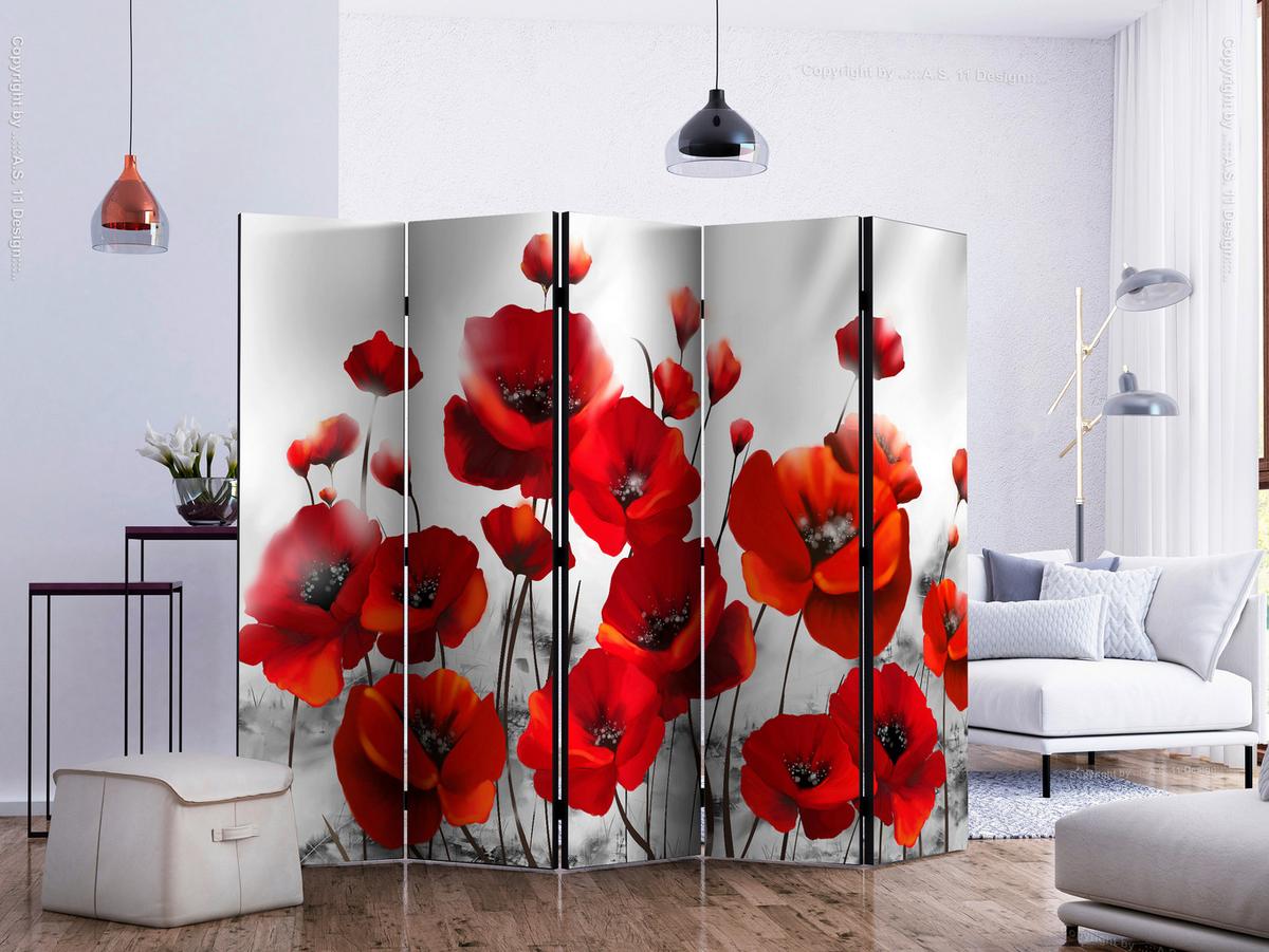Paravan Poppies, 5-Delni, Dvostranski - rdeča/bela, Basics, tekstil/les (225/172/3cm) - artgeist