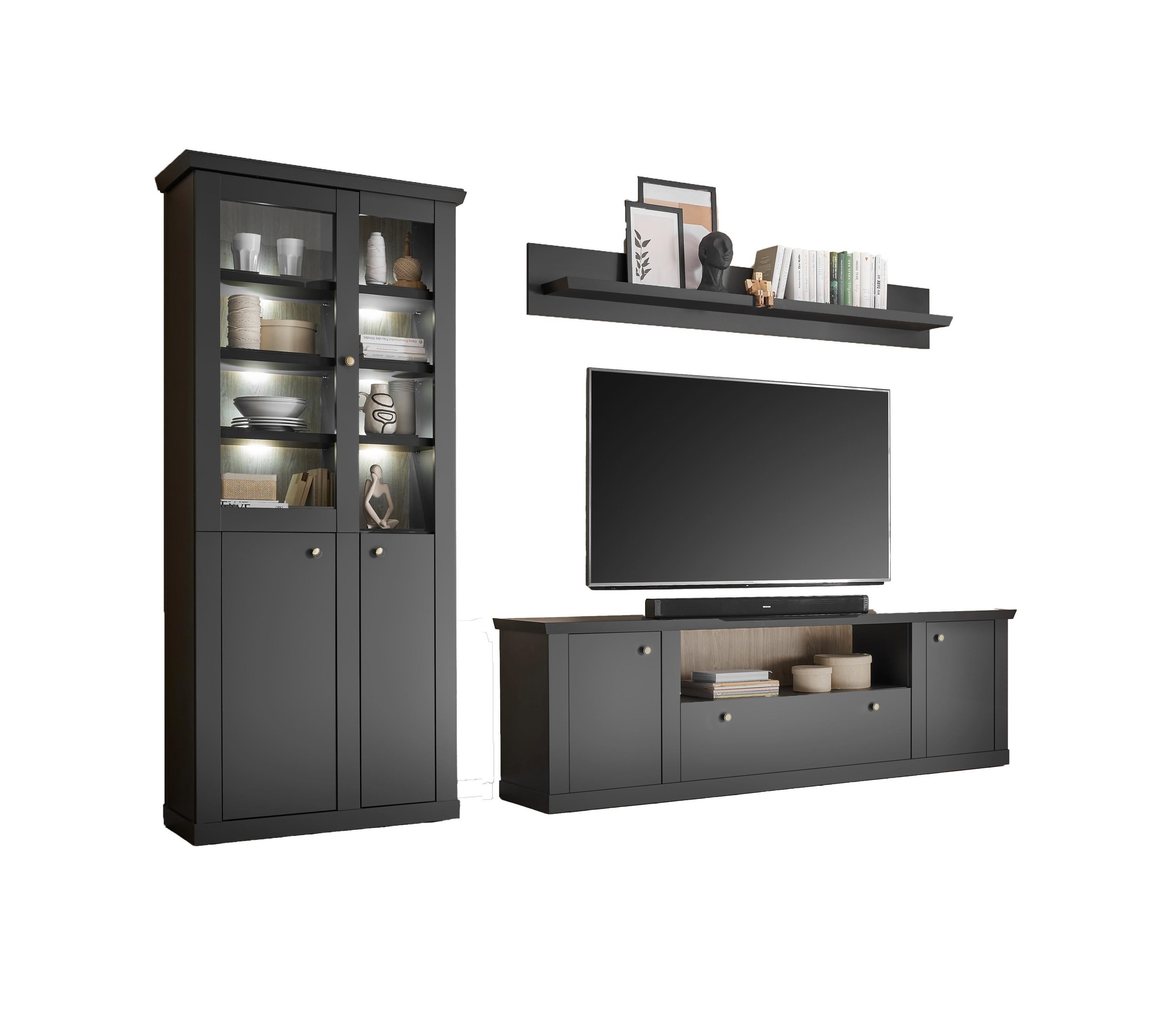 Wohnwand Lincoln Schwarz/Eichefarben B: 301cm - Eichefarben/Messingfarben, Design, Holzwerkstoff/Metall (301/200/42cm) - MID.YOU