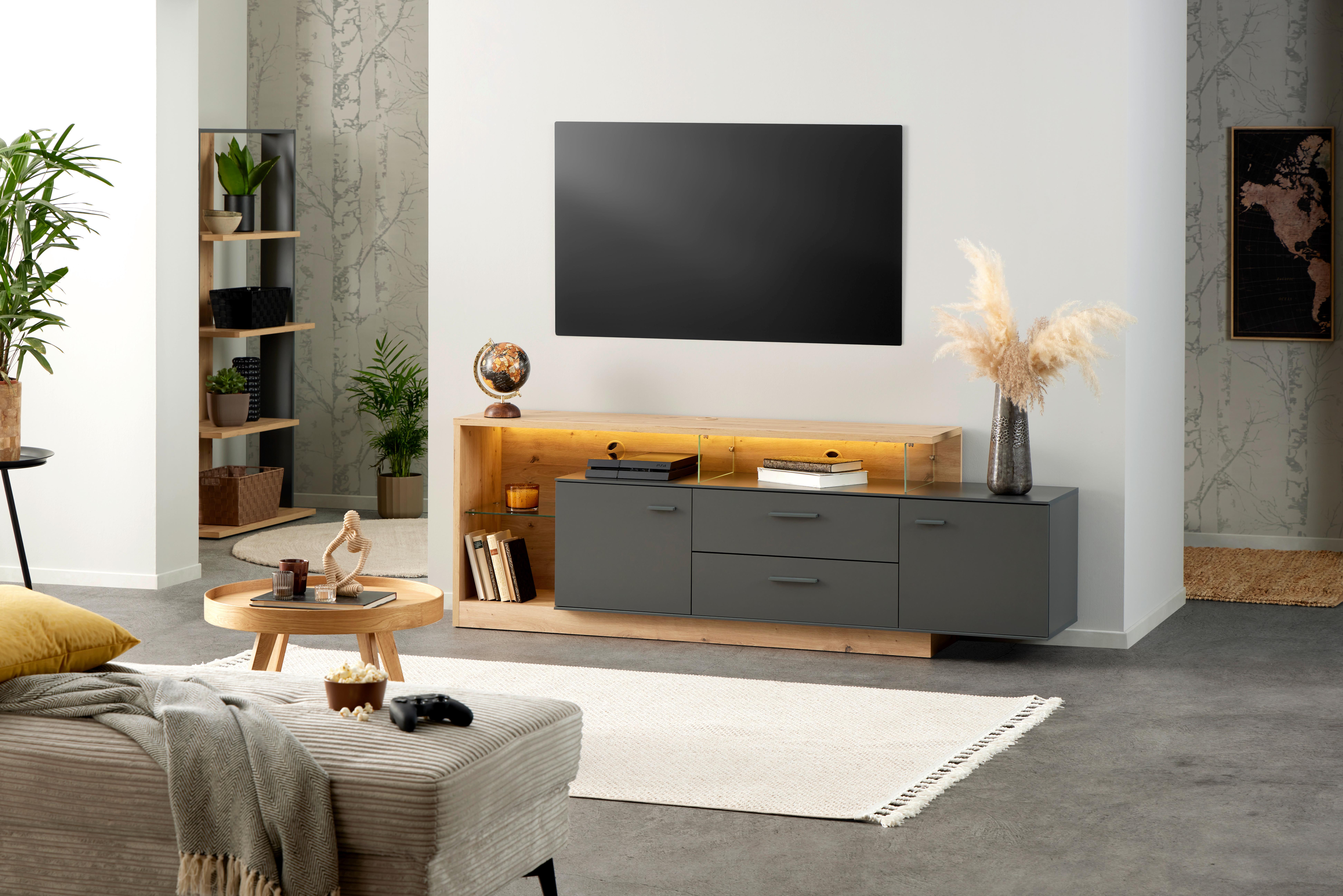 Măsuță TV MORGANO - culoare lemn stejar/antracit, Modern, sticlă/material pe bază de lemn (191,5/66/40cm) - Modern Living