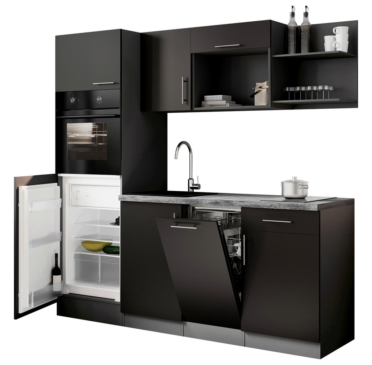 Küchenblock Oliver m. Geräten Schwarz - Schwarz/Grau, Trend, Holzwerkstoff/Metall (205cm) - Respekta