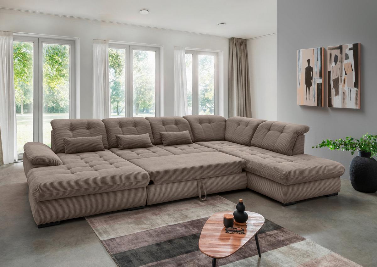 Wohnlandschaft Rigatti Grau- Braun Cord mit Bettkasten - Graubraun/Schwarz, MODERN, Textil/Metall (184/387/252cm) - Livetastic