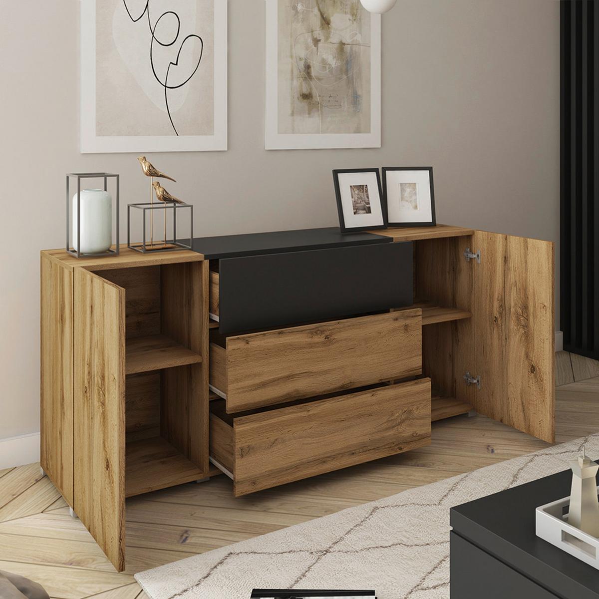 Kommode Berlin 150 Eiche Wotan/Schwarz - Eiche Wotan/Schwarz, Design, Holzwerkstoff/Kunststoff (150/68/38,5cm) - P & B